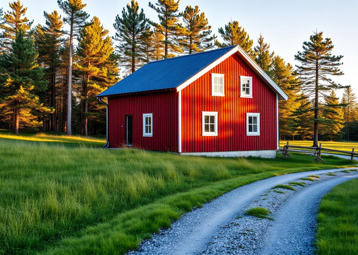 Rött hus vid en svensk grusväg